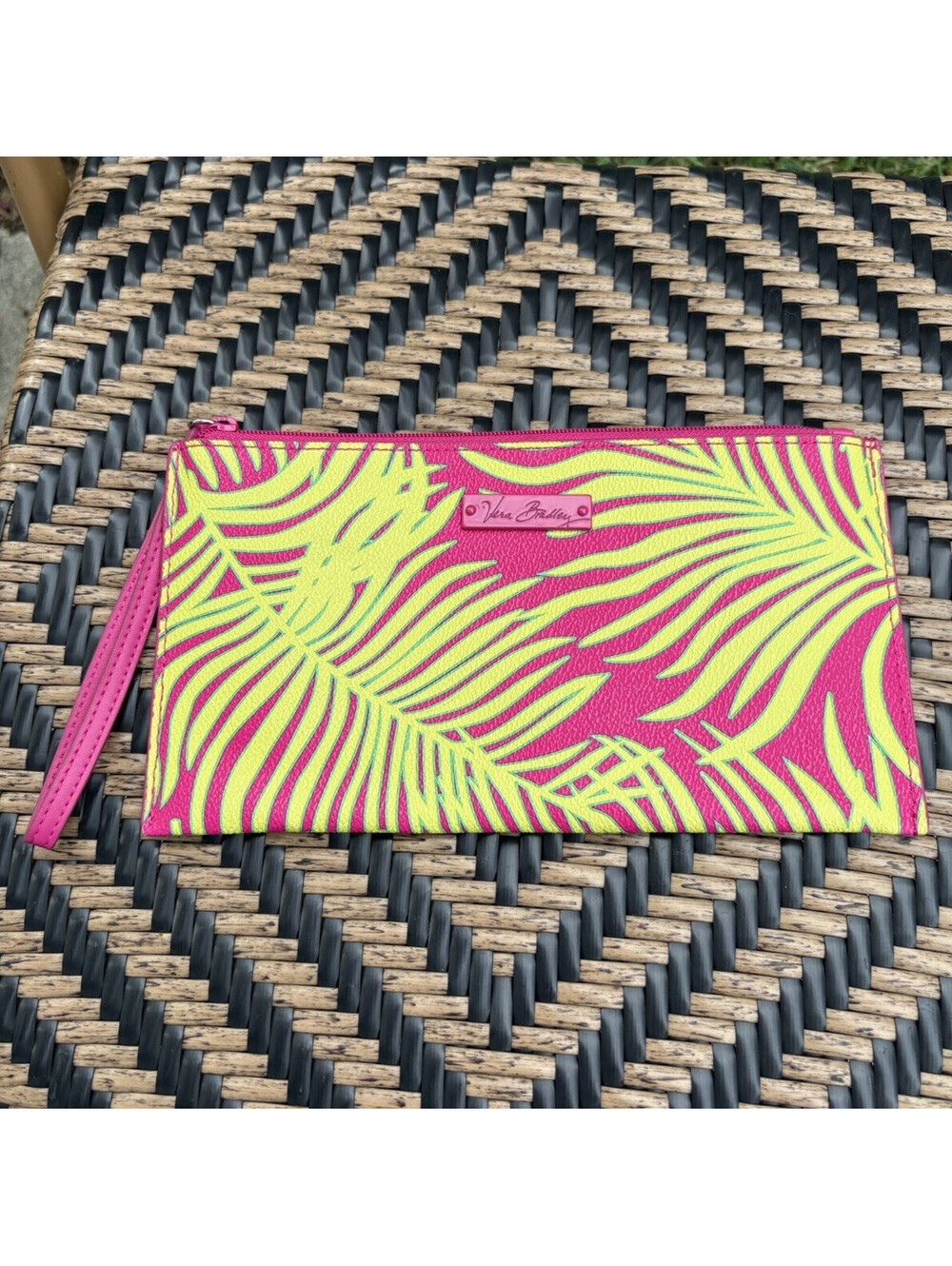 Vera Bradley Pink Yellow Tropical Wristlet Wallet w/ Zipper Strap Card Pockets